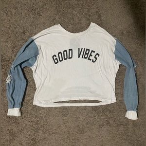 Long Sleep Crop Shirt with Denim Sleeves. Torn on Sleeves and Back “Good Vibes”